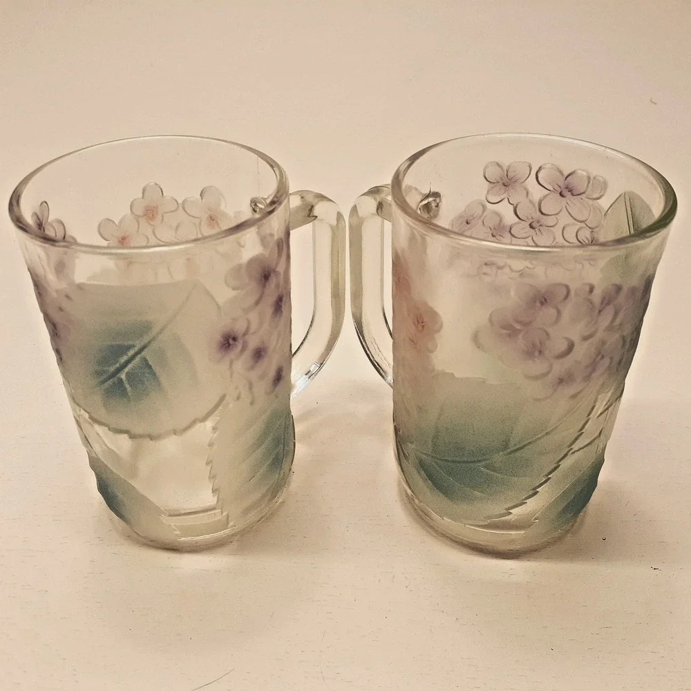 Avon Frosted Glass Floral Coffee Mugs Set Of 2 Purple Flowers Green Leaves